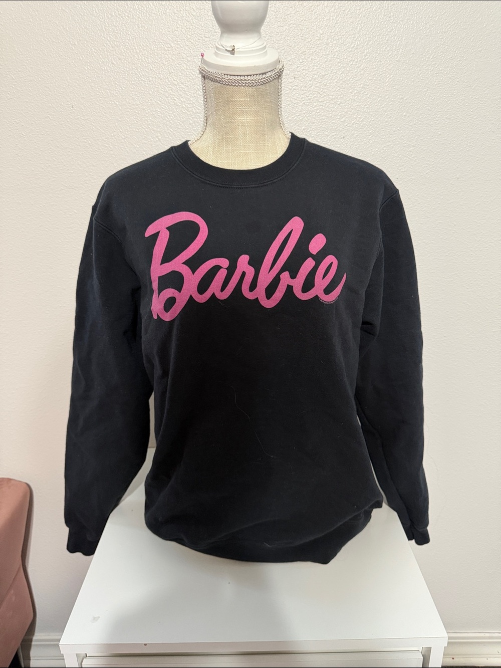 Barbie Black Crewneck Sweatshirt with Pink Script Logo